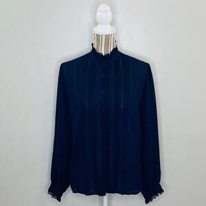 Vintage 80s Windsmoor Sheer Navy Top Blouse Women 14 Pearl Buttons Lace Trim